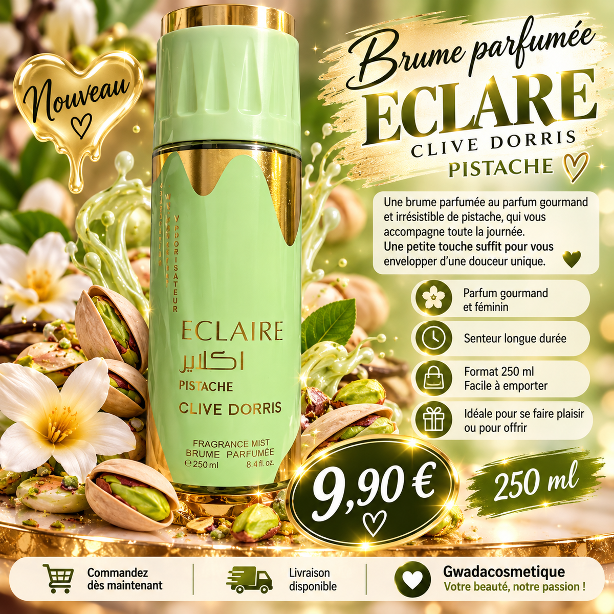 Brume parfumée Éclaire Pistache – Clive Dorris – 250 ml