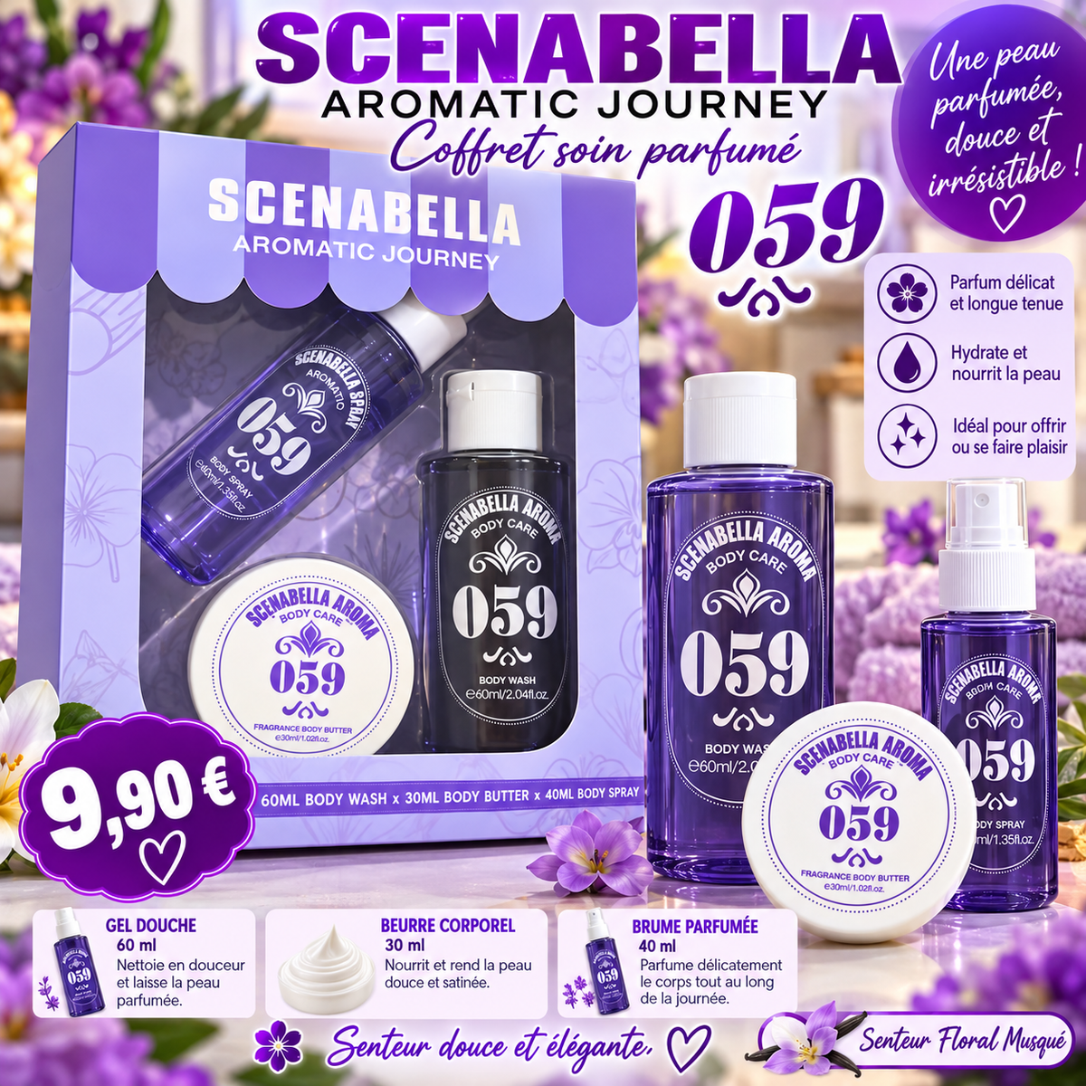 Coffret soin parfumé Scenabella 059 – Floral musqué – Corps et cheveux